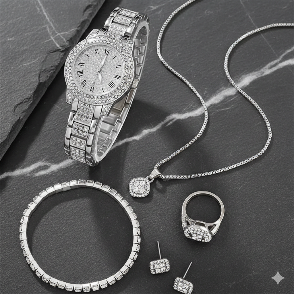⌚💎 6pcs Minimalist Quartz Watch & Jewelry Gift Set – Stainless Steel Shockproof Wristwatch with Matching Necklace, Earrings, Bracelet & Ring | Elegant Luxury Set for Women
