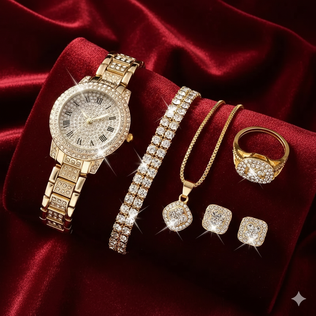 ⌚💎 6pcs Minimalist Quartz Watch & Jewelry Gift Set – Stainless Steel Shockproof Wristwatch with Matching Necklace, Earrings, Bracelet & Ring | Elegant Luxury Set for Women