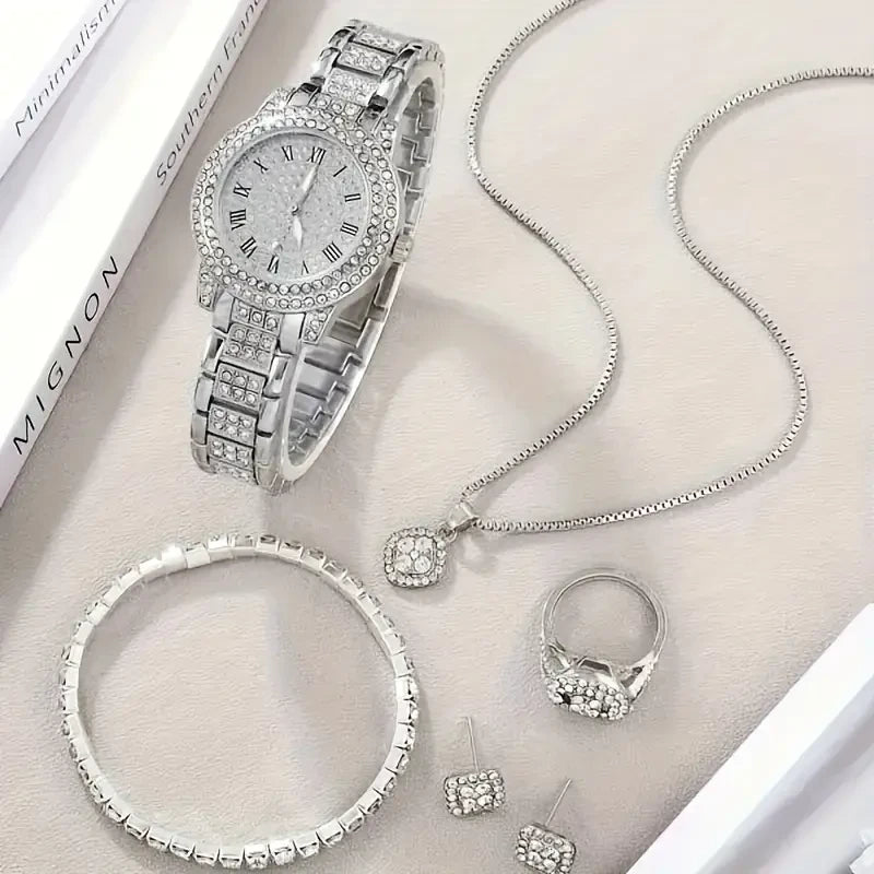 ⌚💎 6pcs Minimalist Quartz Watch & Jewelry Gift Set – Stainless Steel Shockproof Wristwatch with Matching Necklace, Earrings, Bracelet & Ring | Elegant Luxury Set for Women