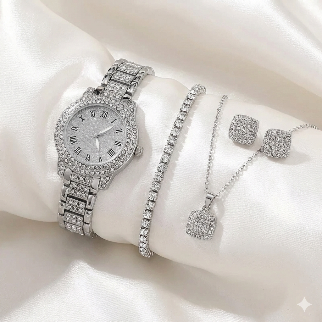 ⌚💎 6pcs Minimalist Quartz Watch & Jewelry Gift Set – Stainless Steel Shockproof Wristwatch with Matching Necklace, Earrings, Bracelet & Ring | Elegant Luxury Set for Women